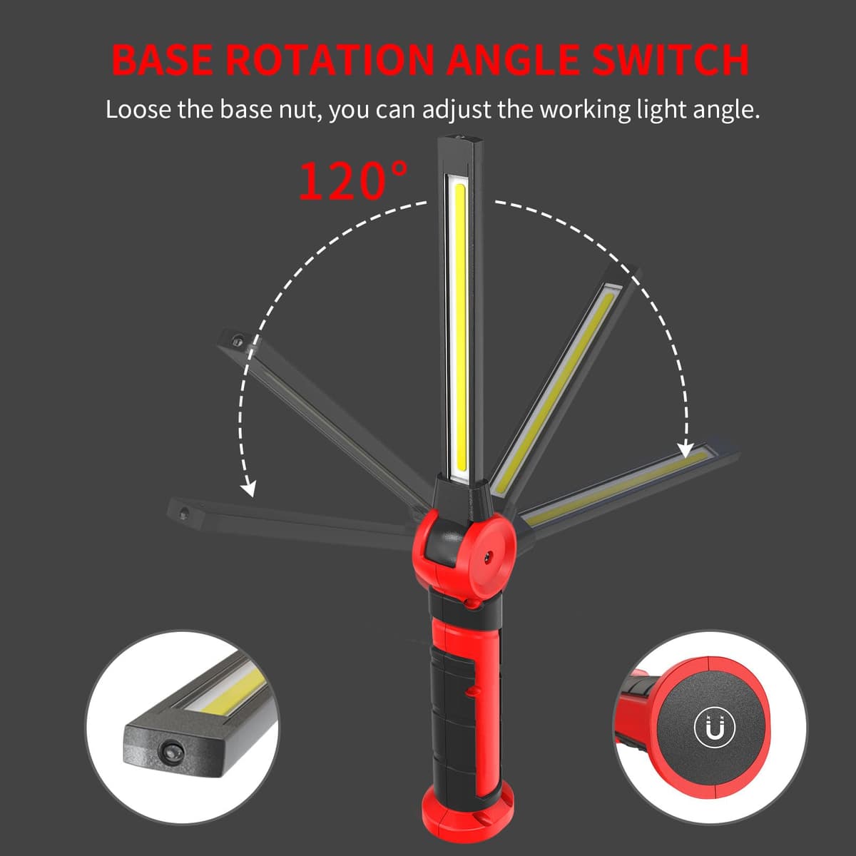 AuRiver LED Workshop Lamp, 4000mAh LED Flashlight with Magnets, 120° Rotatable 3 Light Modes, COB Inspection Lamp for Car Repair, Inspection, Garage, Emergency — view 3