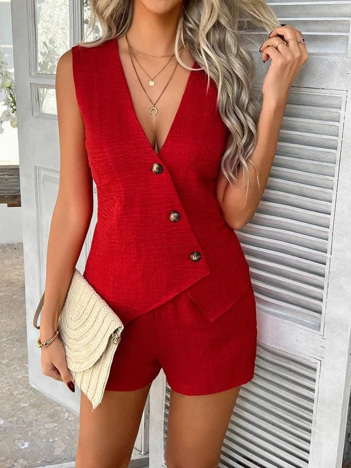 Conjunto de chaleco y pantalones cortos asimétricos con cuello en V para mujer, atuendo casual de verano de dos piezas