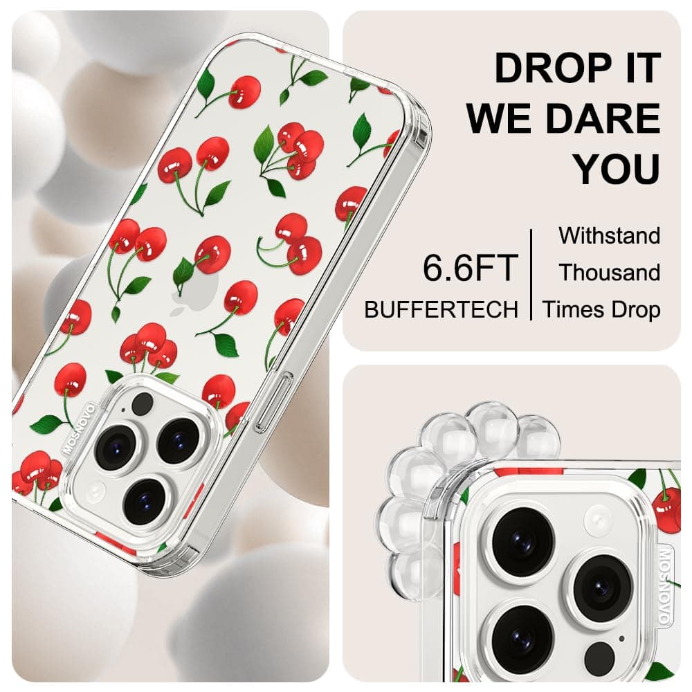 MOSNOVO Case for iPhone 15 Pro, [Buffertech 6.6ft Military-Grade Drop Protection] [Anti Peel Off Tech] Clear TPU Bumper Phone Case Cover Design - Cute Cherry — view 5
