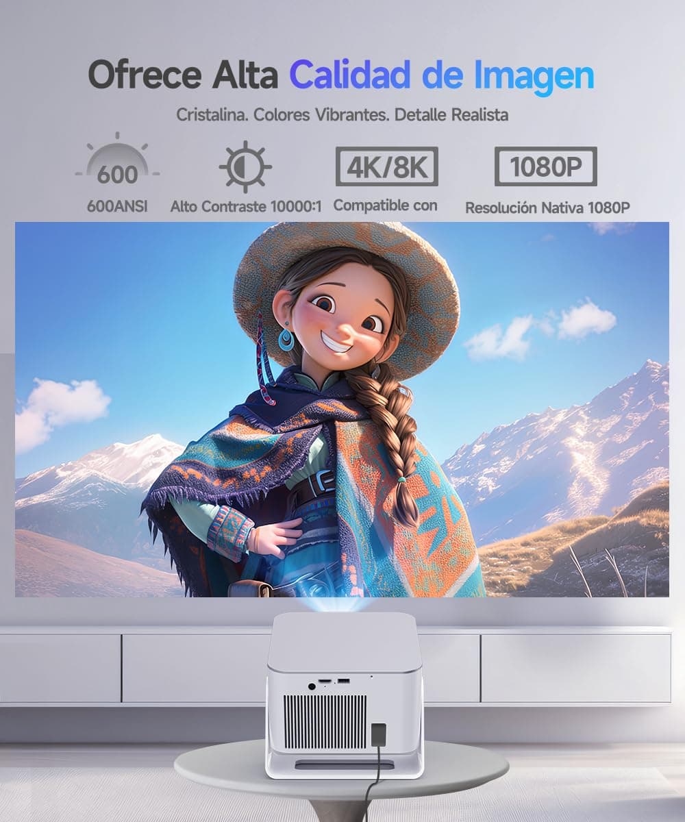 Alwtniet Proyector Portatil 4K 8K, Native Full HD 1080P Mini Projetor Android 14, WiFi 6 Bluetooth 5.4, Autoenfoque 6D Auto Keystone 180° Rotación para Cine Móvil en Casa Smart TV Tiro Ultra Corto — view 3