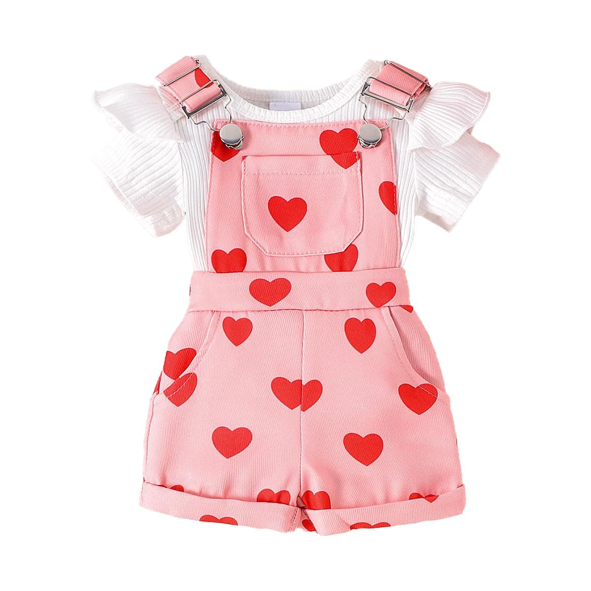 Conjunto Bebé Niña Peto de Verano, Manga Corta Top Acanalado Con Volantes + Ajustable Estampado Floral/Corazones Peto Corto Primavera Conjuntos