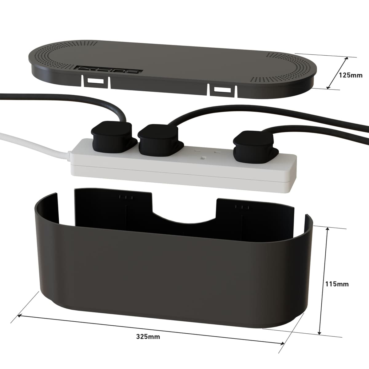D-Line Caja Organizadora de Cables, Oculta Regletas y Gestiona Cables de Escritorio o TV – 325 mm (L) x 125 mm (An) x 115 mm (Al) – Tamaño Pequeño – Negro — view 2