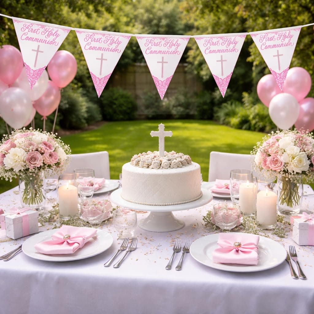 First Holy Communion Bunting 9ft (2.7m) Pink Foil Decoration – Religious Party Banner with Cross Design - Flag Banner