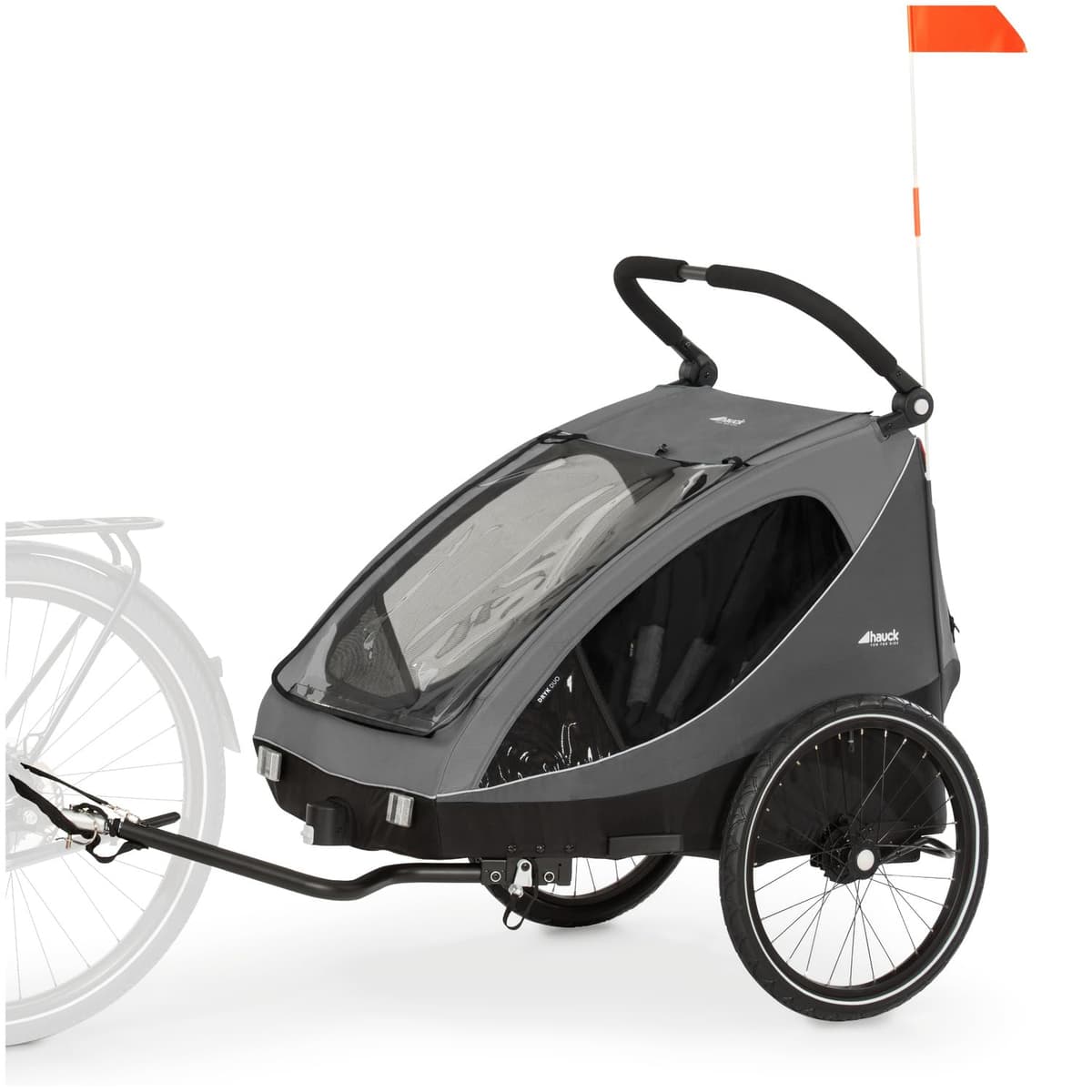 hauck Remolque Bicicleta Niños 2 Plazas Dryk Duo - Carro Bici Infantil Completo desde 6 Meses hasta 22 kg - Enganche Incluido - Silla de Paseo Gemelar Maletero XL - Plegable - Gris