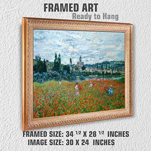 Poppy Field near Vetheuil 1879 by Claude Monet Framed Size:34.5x28.5 inches,Image Size:30x24 inches World Classic Reproductions For HomeDecor,Vintage Pattern Gold Frame — view 3