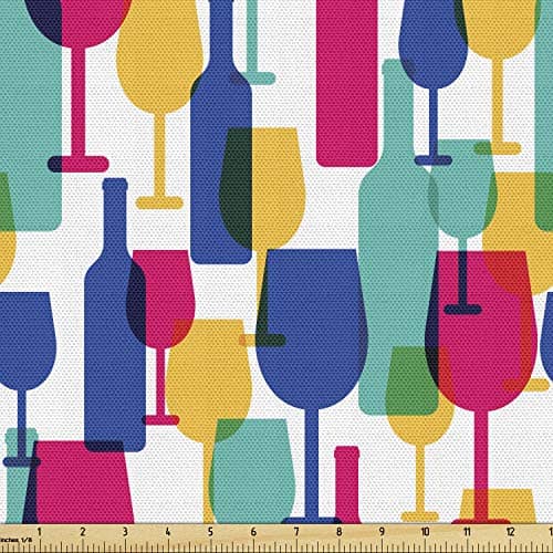 Lunarable Winery Fabric by The Yard, Cocktail Glasses and Wine Bottles Pattern Bar Menu Party Alcohol Drinks, Decorative Fabric for Upholstery and Home Accents, 1 Yard, Magenta Navy