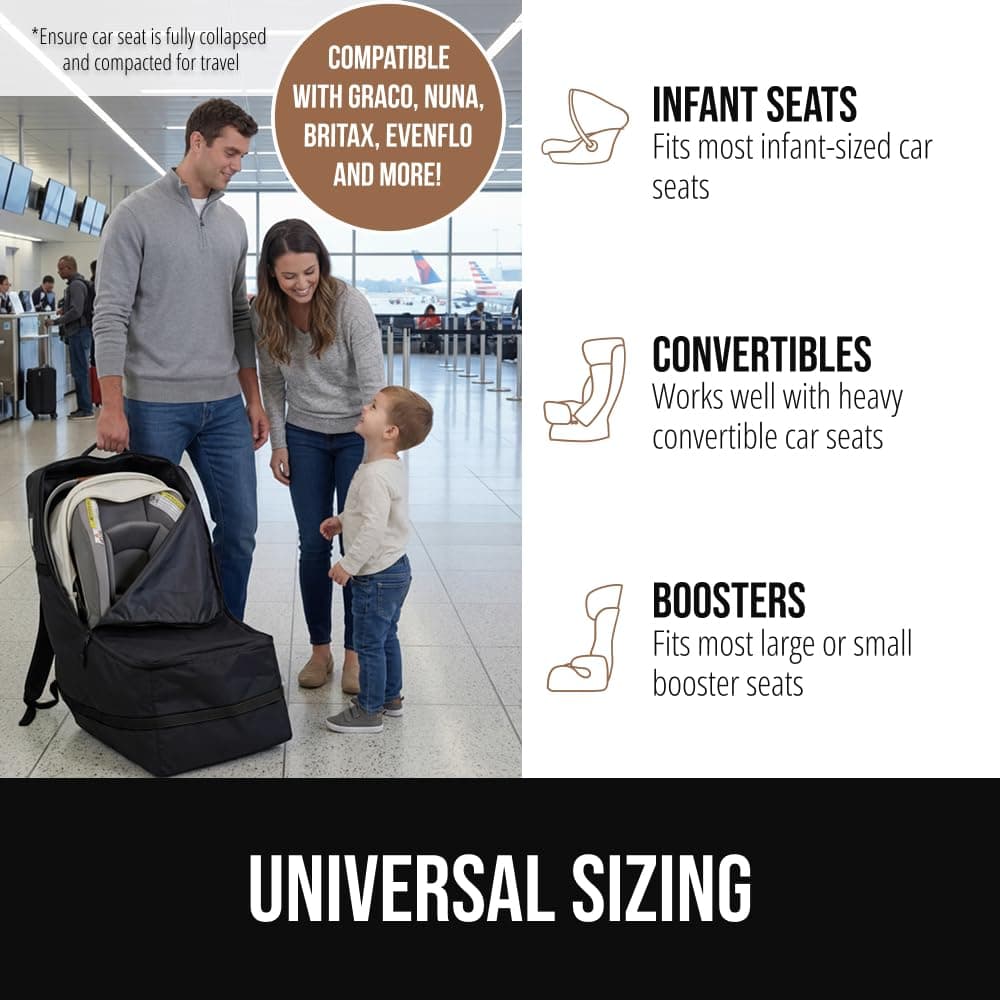 GORILLA GRIP Tear and Water Resistant Padded Car Seat Travel Bag for Airplane and Airport, Universal Fit Baby Carseat Bags, Holds Up to 50lbs, Handle & Shoulder Straps, Air Gate Check Carrier, Black — view 3