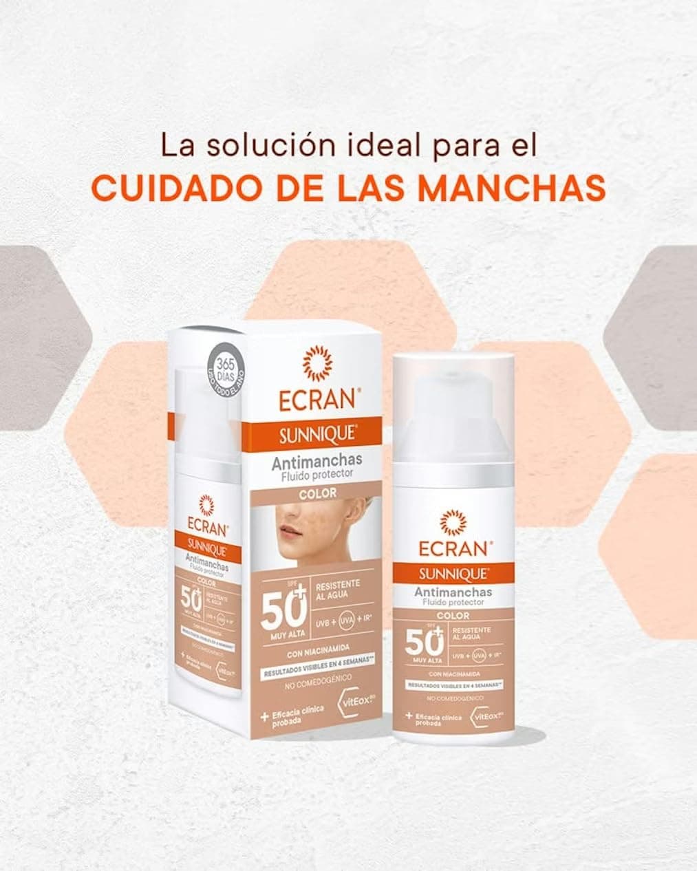 ECRAN SUNNIQUE – Protector Facial SPF 50+ Antimanchas Antiarrugas con Color, con Niacinamida y Ácido Hialuronico, Despigmenta y Unifica el Tono, Fórmula con VitEox80 - 50 ml — view 9