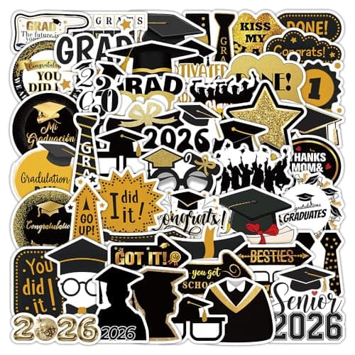 50 PCS 2026 Graduation Stickers, Waterproof Vinyl Black & Gold Foil Graduation Decals for Laptop, Luggage, Skateboard, Phone, Fridge, Trendy Stickers for Teens, Adults, Graduates