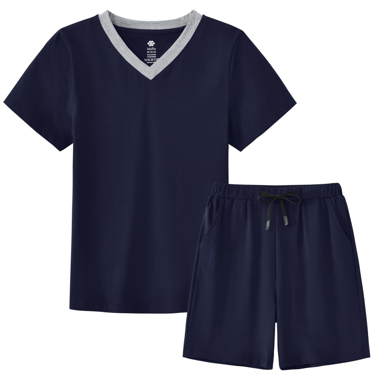 MoFiz - Pijama de niño de algodón con conjuntos de pijama corto, ropa de dormir con cuello en V, manga corta, pijama y pantalones cortos, 128 cm a 176 cm