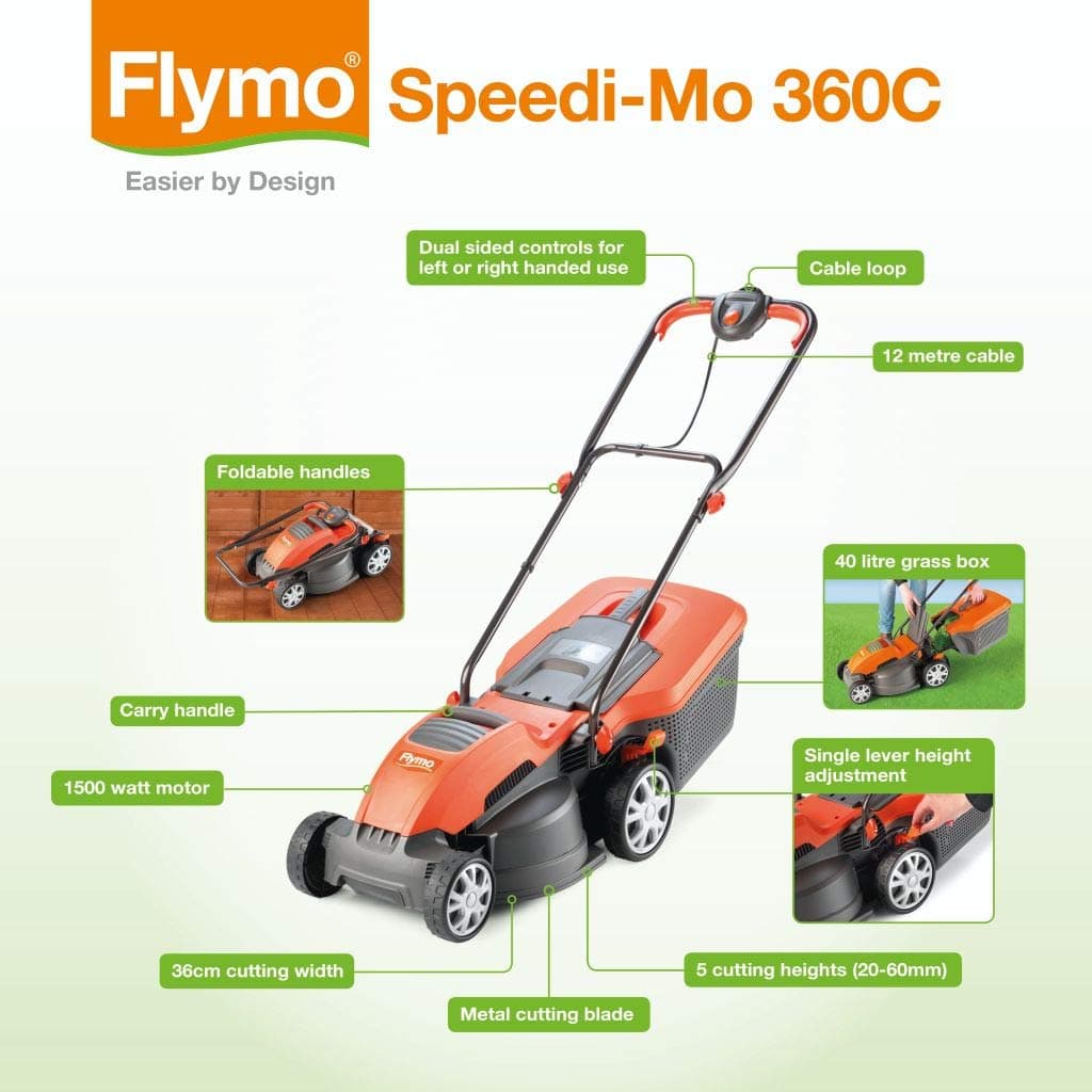 Flymo Speedi-Mo 360C Electric Wheeled Lawn Mower, 1500 W, Cutting Width 36 cm, Orange/black — view 2