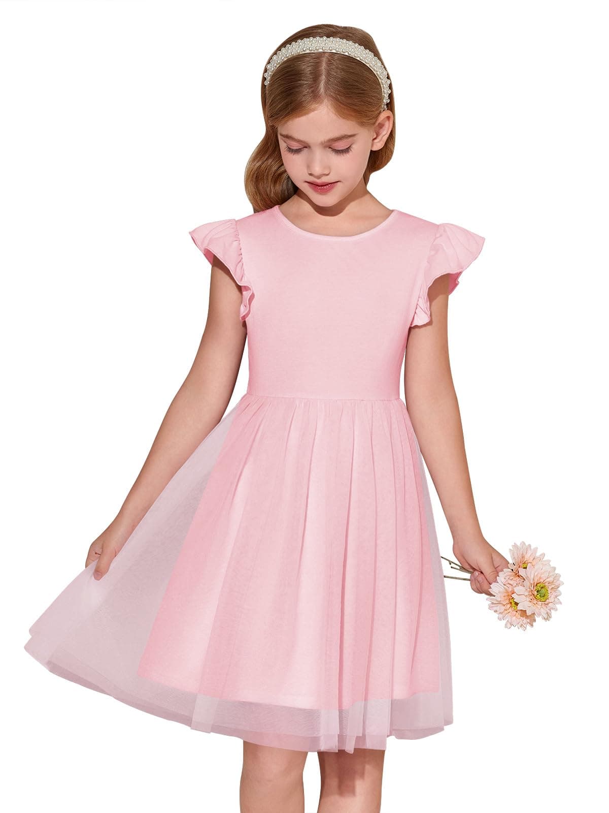 Haloumoning Vestido de niña con mangas con volantes, cuello redondo, monocolor, vestido de verano, línea A, vestido de princesa de tul, festivo, cumpleaños, boda, fiesta, vestido informal — view 8