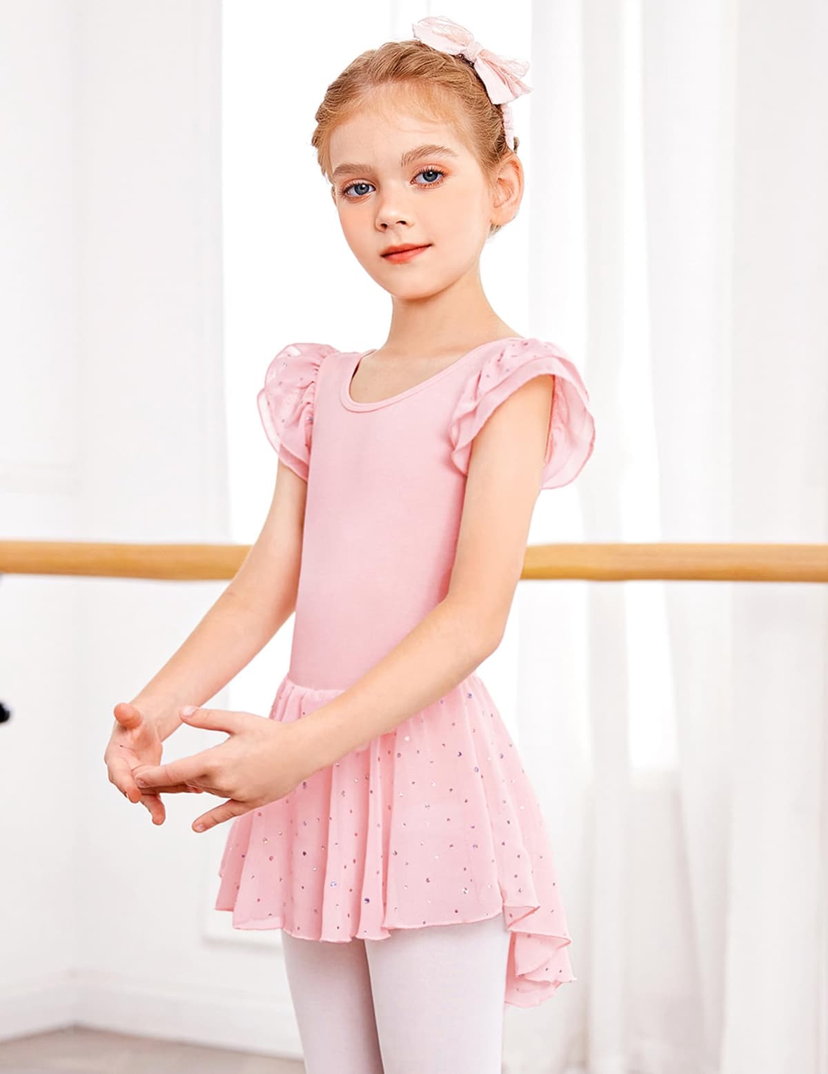 Arshiner Traje de Ballet para Niñas de 2-10 Años Sin Espalda Manga Corta Ropa de Danza Mono de Algodón con Falda Irregular con Lentejuelas — view 3