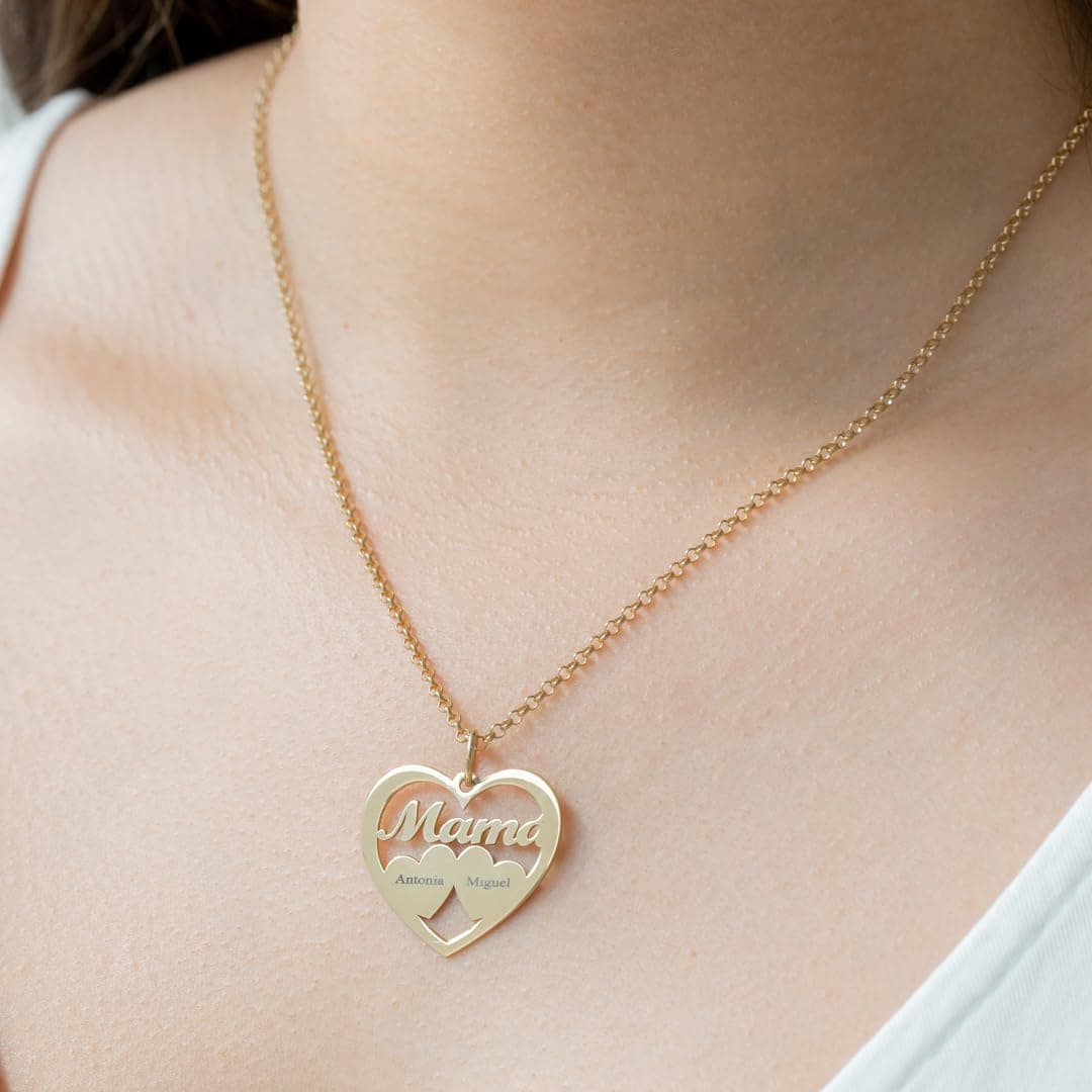 Collar Corazón para Mujer en Plata de Ley 925 personalizable con Nombres de Hijos. Cadena de 45 cm. Ideal para regalar a madres, abuelas en Cumpleaños, Navidad. Hecho en España. (2 Corazones Oro) — view 3