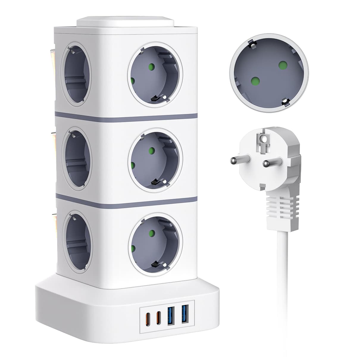 Power Strip Sockets 16 in 1 Vertical Power Strip Plugs with 12 Outlets and 2USB-A 2USB-A 2USB-C Tower Power Strips Sockets 2500W/10A Overload Protection 3 Meter Cable with Switch for Office Home