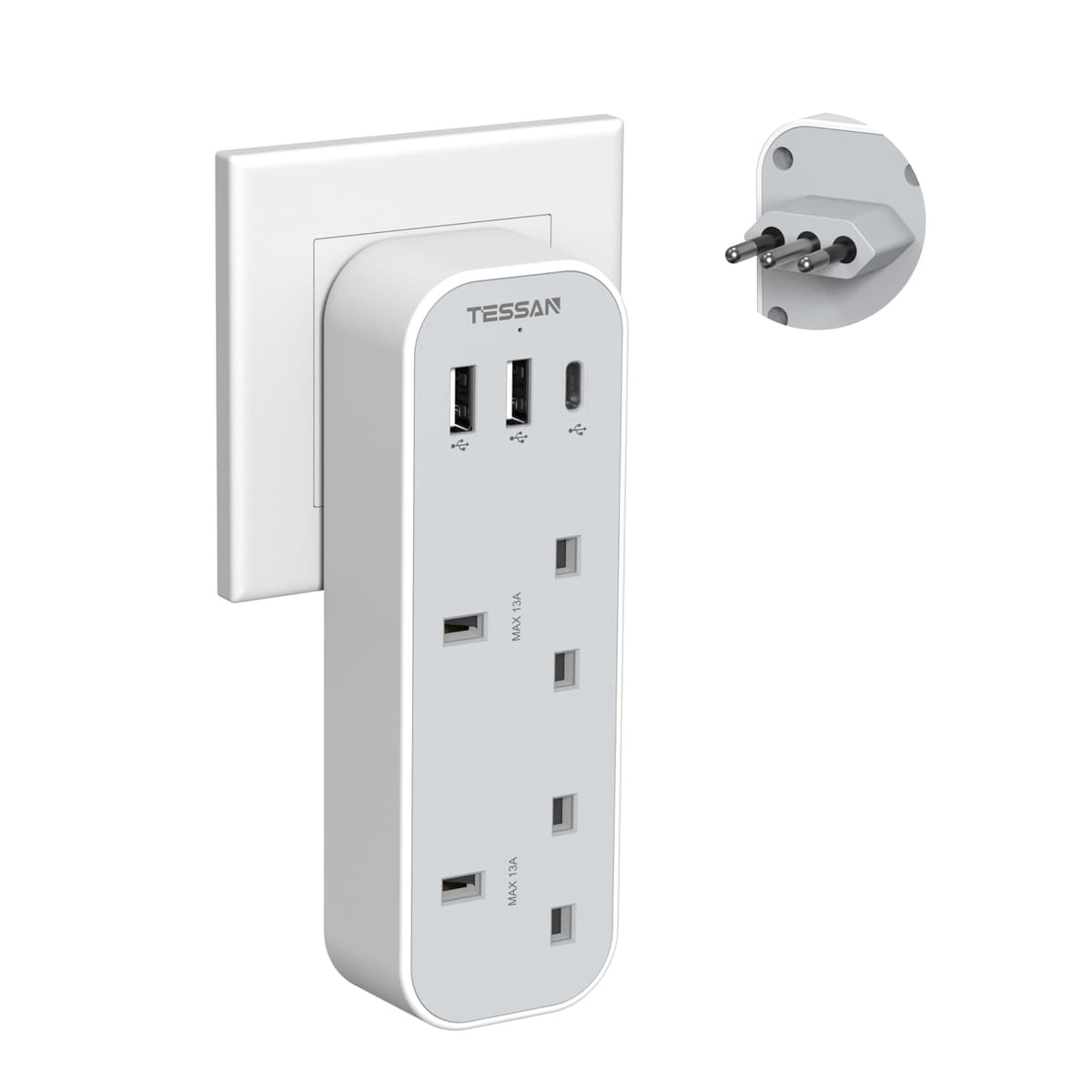 UK to Switzerland Plug Adapter, TESSAN Swiss Plug Adapter with 3 USB Ports (1 USB C), 2 Way Grounded Type J Travel Adaptor for Jordan, Liechtenstein, Madagascar, Rwanda — view 7
