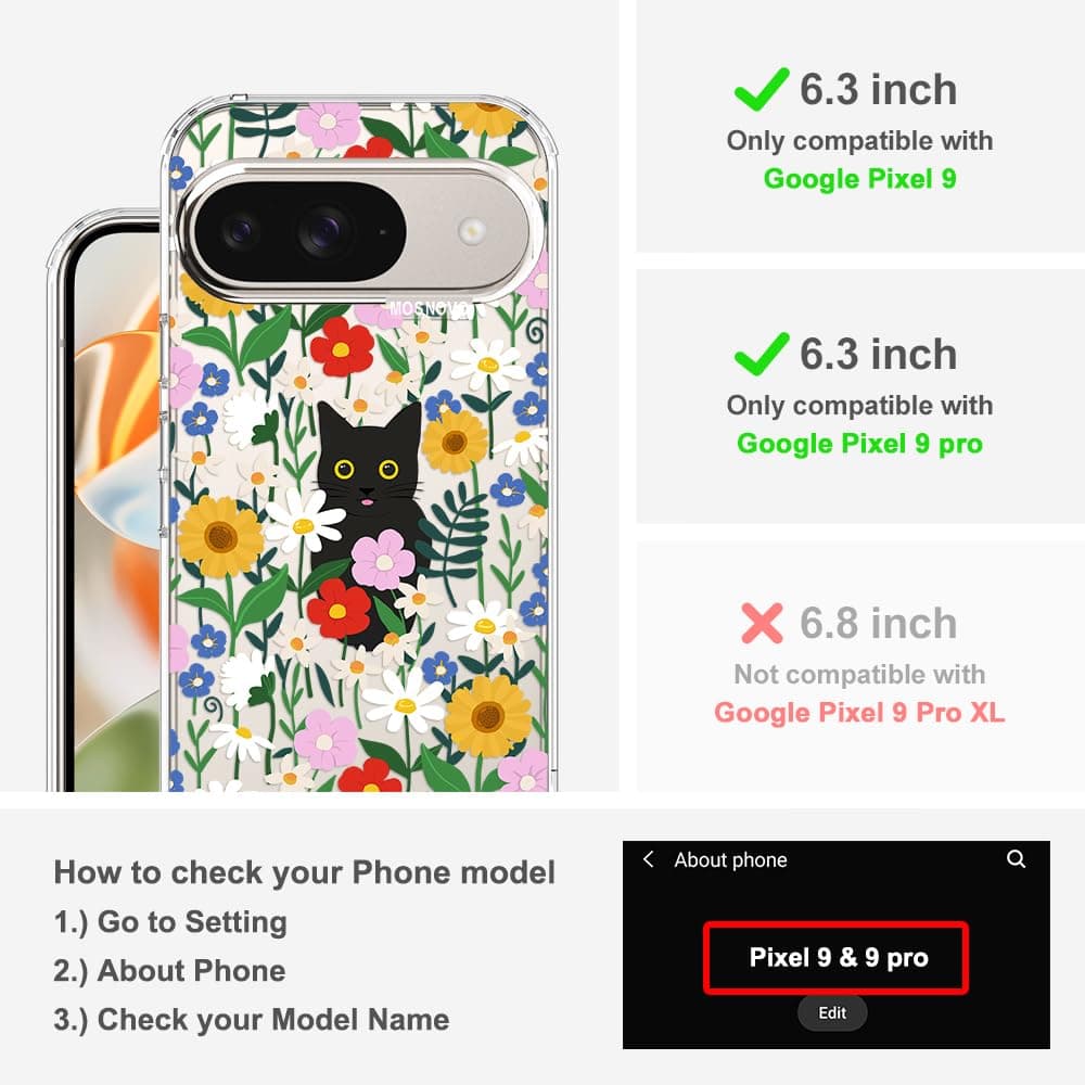 MOSNOVO Case for Google Pixel 9 & Pixel 9 Pro, [Buffertech 6.6ft Military-Grade Drop Protection] [Anti Peel Off Tech] Clear TPU Bumper Phone Case Cover Design - Black Cat in Garden — view 2