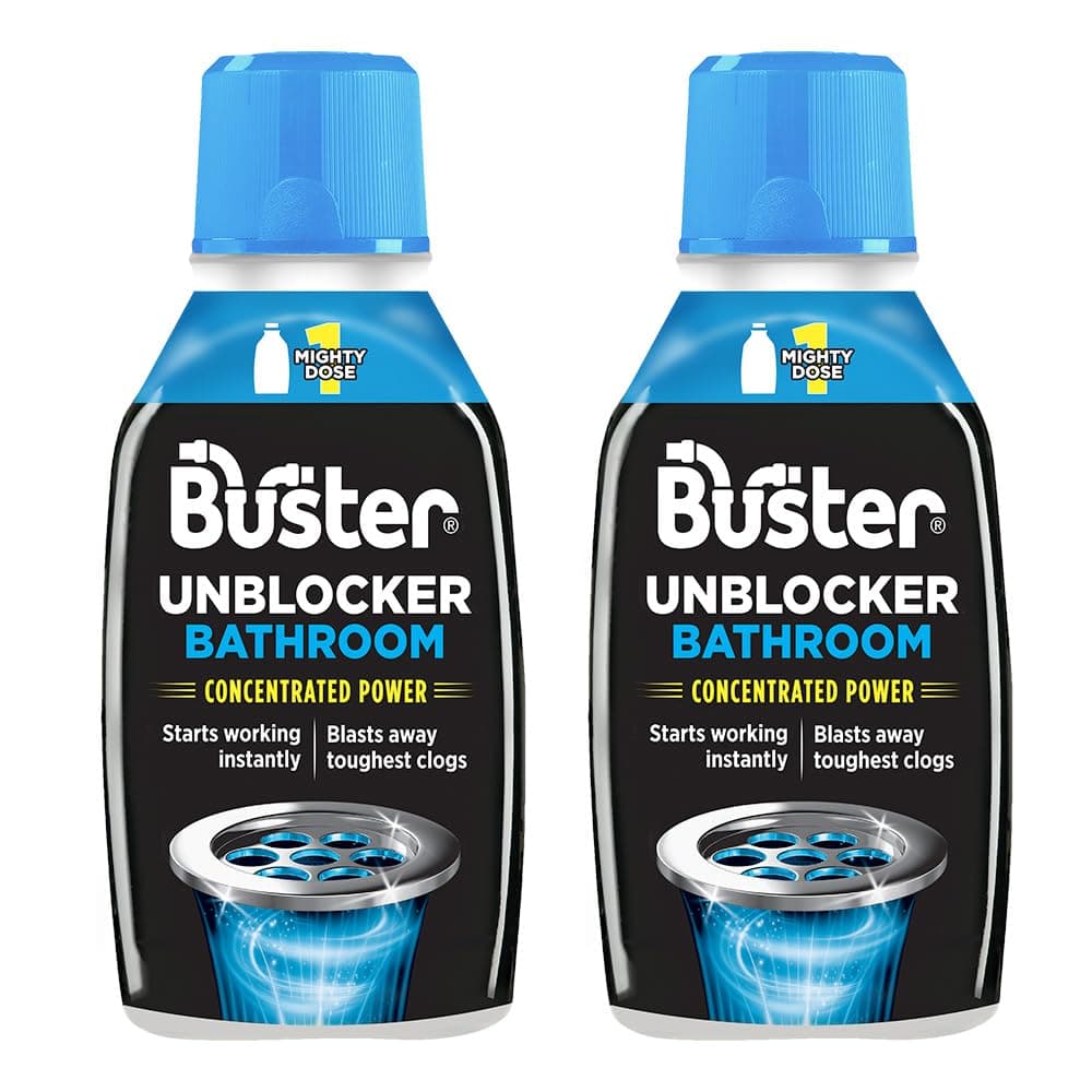 Buster Bathroom Drain Unblocker (Pack of 2 x 300ml) Fast-Acting Sink Unblocker Dissolves Hair, Sludge and Soap, Drain Cleaner Clears Blockages in Shower, Bath and Bathroom Sink Pipes - Made in UK