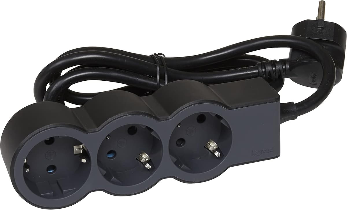 LEGRAND Power Strip, Multi-Base with 3 Power Outlets 2P+T, Cable 5 m, Black/Dark Grey 694568
