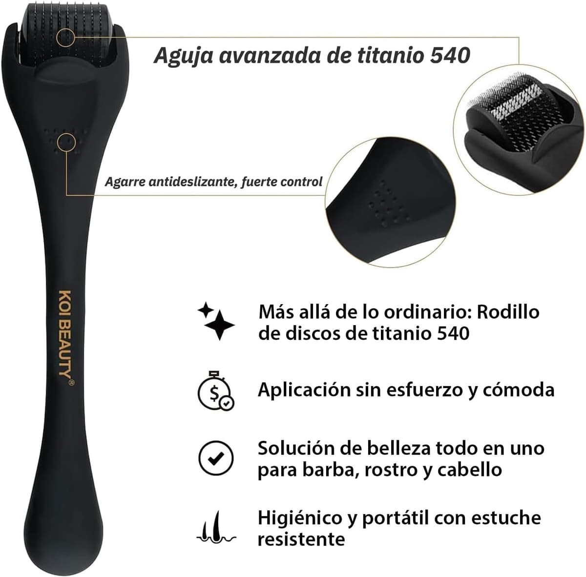 KOI BEAUTY Derma Roller 0.25mm For Beard and Hair Grow, 540 Titanium Needles, Professional Microneedling Roller for Men and W