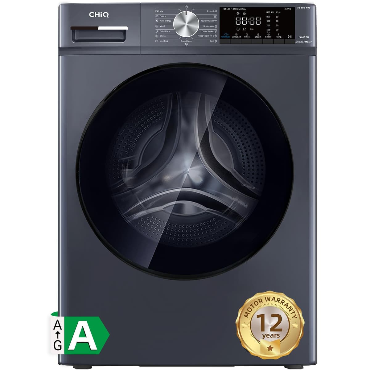 CHiQ CFL90-14586IM3XAU, Front Load Washing Machine 9kg, Space Pro, Counter Depth, Large Drum, Quiet Inverter Motor, 1400rmp, AI Smart Program, Steam Function, Energy Efficient, Grey [Energy Class A]