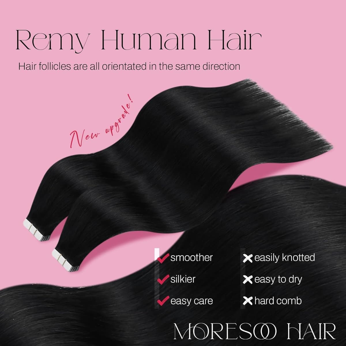 Moresoo Tape Hair Extensions Real Human Hair 18 Inch Jet Black Human Hair Extensions Tape in Black Remy Hair Straight Silky Soft for Women Natural Looking 20pcs/50g #1 — view 2