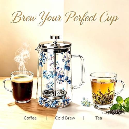 Briclis Glass French Press Coffee Maker 34oz, Embedded Dried Flower Double Wall Borosilicate Coffee Press, No Plastic, 4-Level Stainless Steel Filter for Tea & Cold Brew, Cute Decorative Design — view 7