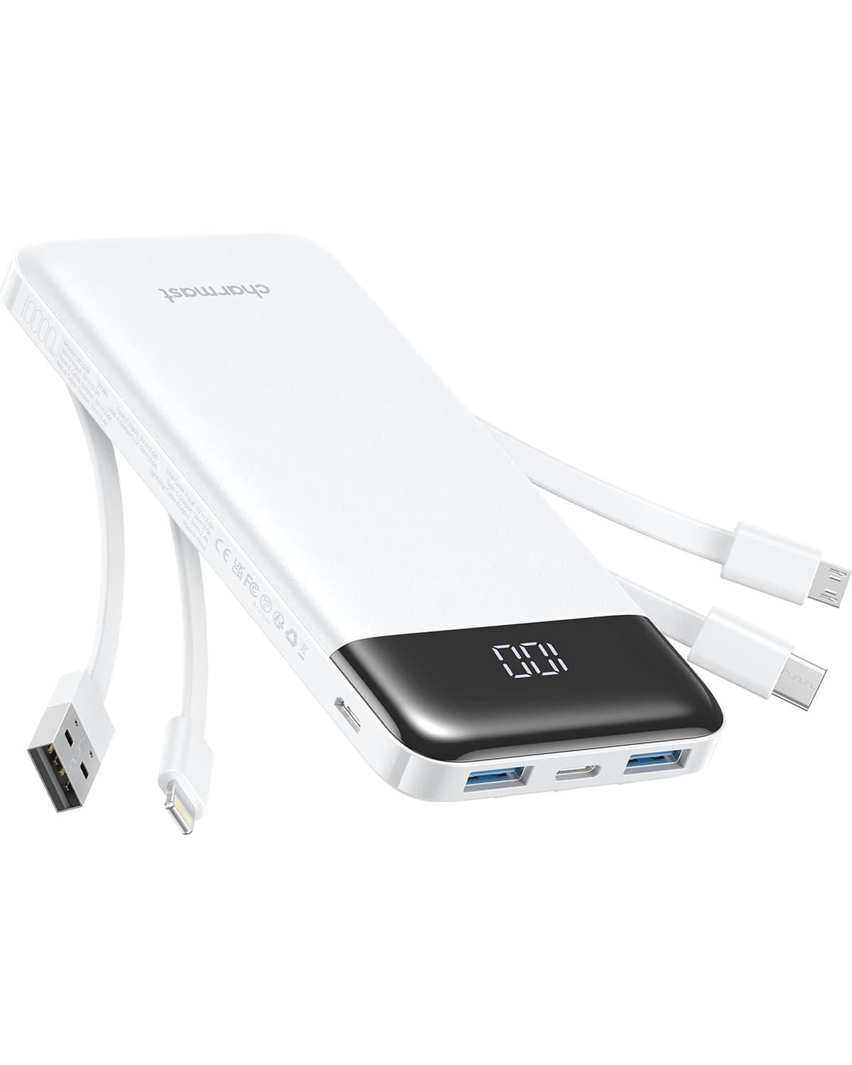 Charmast Power Bank 10000mAh con Cables Integrados, USB C Cargador Portátil 5V / 3A Powerbank Pantalla LED con 6 Salidas y 3 Entradas para iPhone Samsung Huawei Xiaomi — view 9