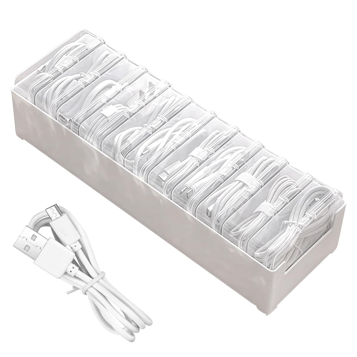 Juego de 12 cajas de almacenamiento de cables de 30 x 10 x 7,5 cm, organizador de alambre con compartimentos divididos para cables de carga, auriculares y pequeños accesorios electrónicos (blanco) — view 2