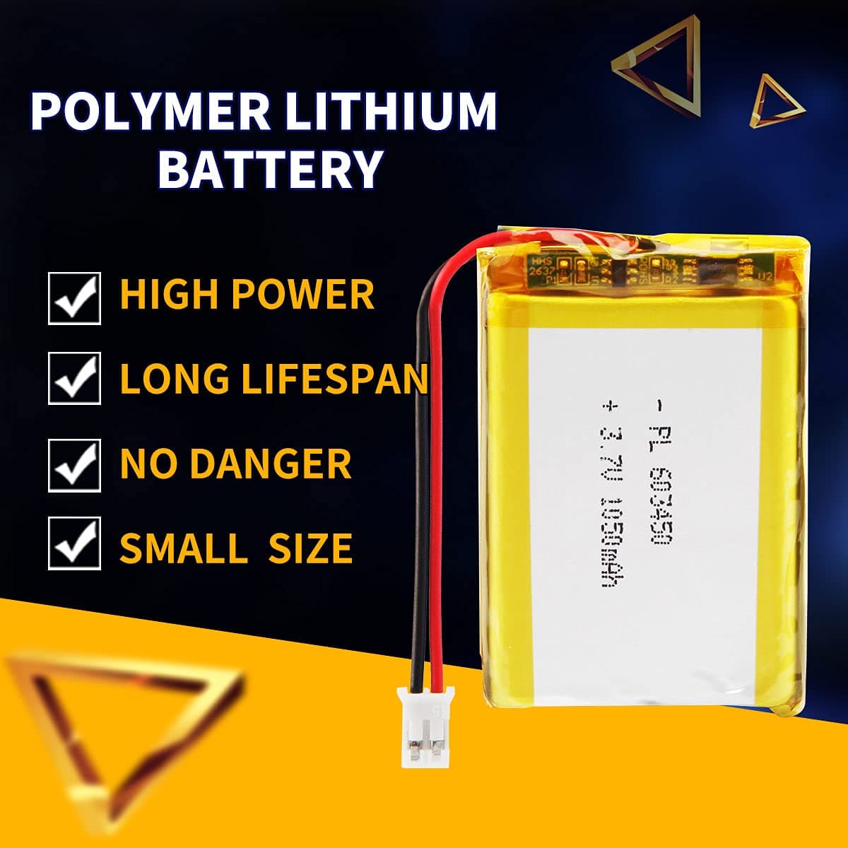 3.7V 1200mAh Battery 603450 Lithium Polymer Ion Rechargeable Li-ion Li-Po Battery with 2P PH 2.0mm Pitch Connector — view 3
