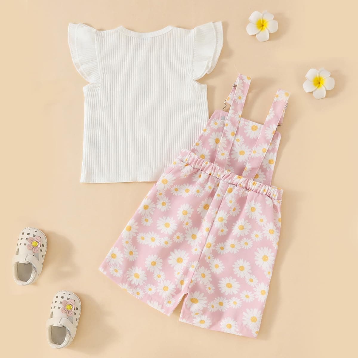 Conjunto Ropa de Verano para Bebé Niña Top de Canalé con Volantes+ Estampado de Margaritas Pantalones Cortos con Peto Bretelles Adorable Infantil Trajes — view 3
