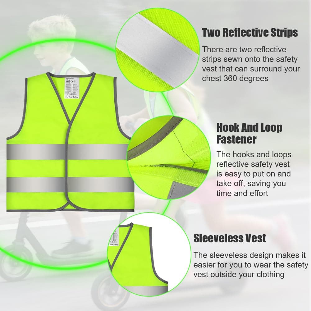 Chalecos Reflectantes para Niños, 2 Piezas Chaleco de Alta Visibilidad para Niños, Chaleco de Seguridad Verde para Niños Carrera, Viajes Escolares, Ciclismo, Amarillo Fluorescente — view 3