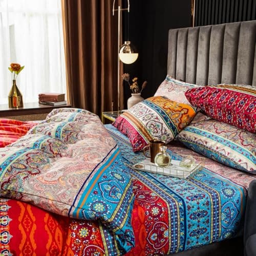 Bohemian Duvet Cover Set Full Colorful Floral Boho Striped Bedding Set Ultra Soft Microfiber Double Duvet Cover Southwestern Indian Tribal Reversible Bedding Exotic Style Decor Boho Comforter Cover — view 2