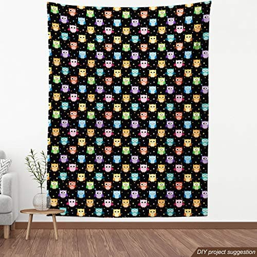 Ambesonne Owls Fabric by The Yard, Colorful Birds with Different Expressions Funny Confused Serious Characters Dots, Decorative Fabric for Upholstery and Home Accents, 1 Yard, Black — view 3