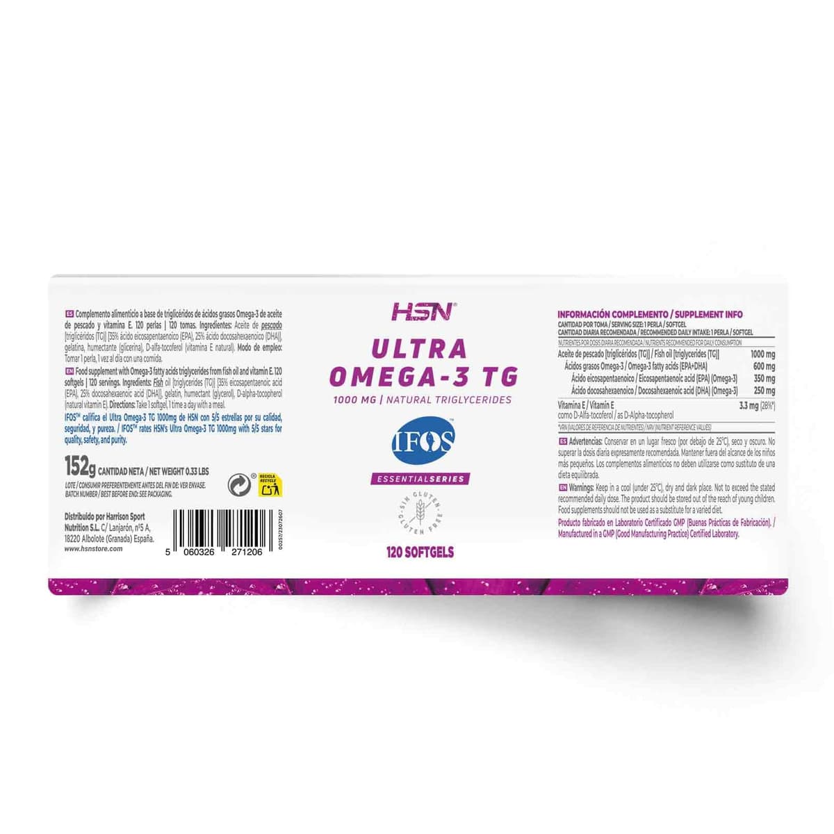 HSN Ultra Omega 3 TG IFOS 5 Estrellas | 120 Perlas | 1000mg Aceite de Pescado por Perla con 350mg EPA + 250mg DHA – Alta Absorción en Forma de Triglicéridos – Certificado Sin Metales Pesados — view 2