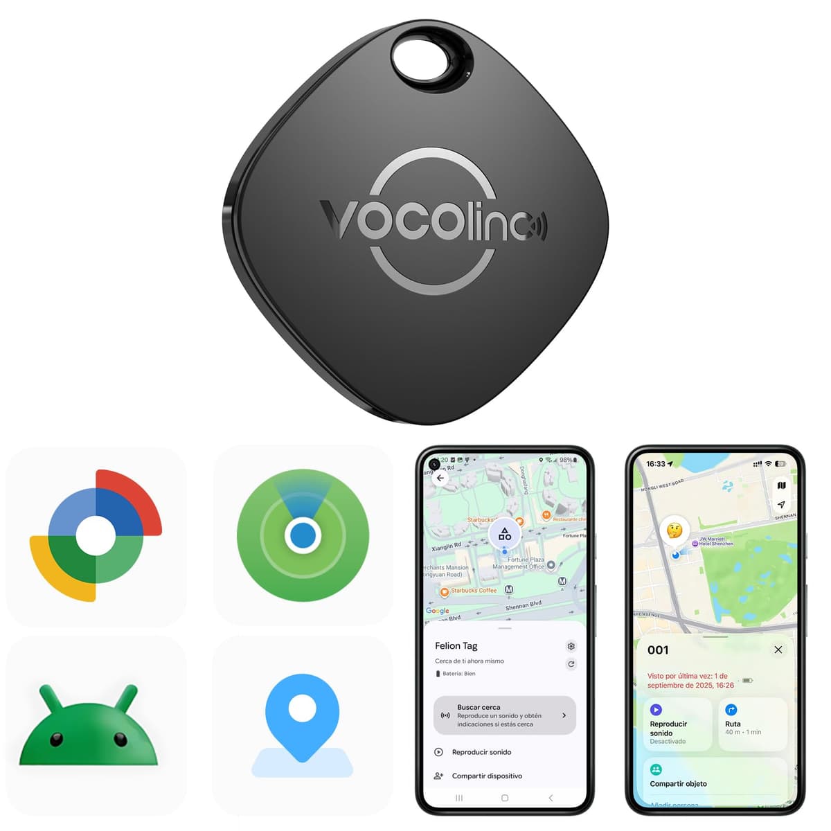 VOCOlinc Smart Tag para Android & iOS, Dual Sistema Buscador de Objetos Compatible con Google Localizador o Apple Buscar App, Localizador de Artículos para Llaves/Equipaje/Maleta, Batería Reemplazable