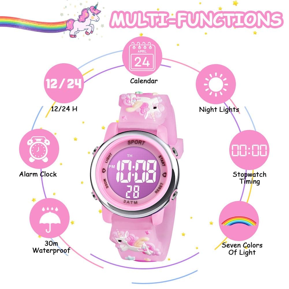 Vicloon Reloj Digital para Niños Niña, Luz Intermitente LED de 7 Colores Reloj de Pulsera Niña Multifunción, Reloj Unicornio Niña, Relojes Niñas Niños Digital para Niños de 3 a 12 años — view 4