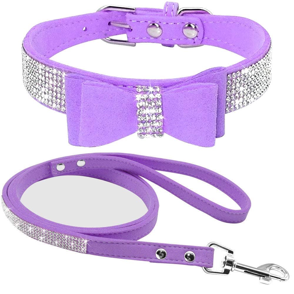 Cute Dazzling Sparkling Elegant Fancy Soft Suede Leather Bling Rhinestone Crystal Jeweled Pet Cat Dog Puppy Collar Dog Leash Combo Set (S, Black-2) — view 44
