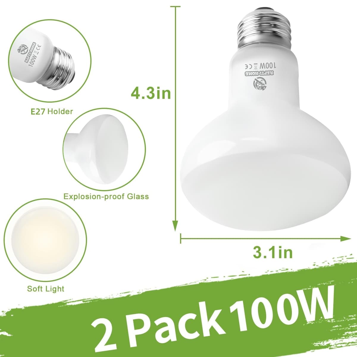 Reptile Heat Lamp Bulbs, Heat Bulb for Reptiles 2 Pack-100W, E27 Vivarium Basking Spot Light for Tortoise, Lizard, Snake, Bearded Dragon, Puppy, Chick — view 5