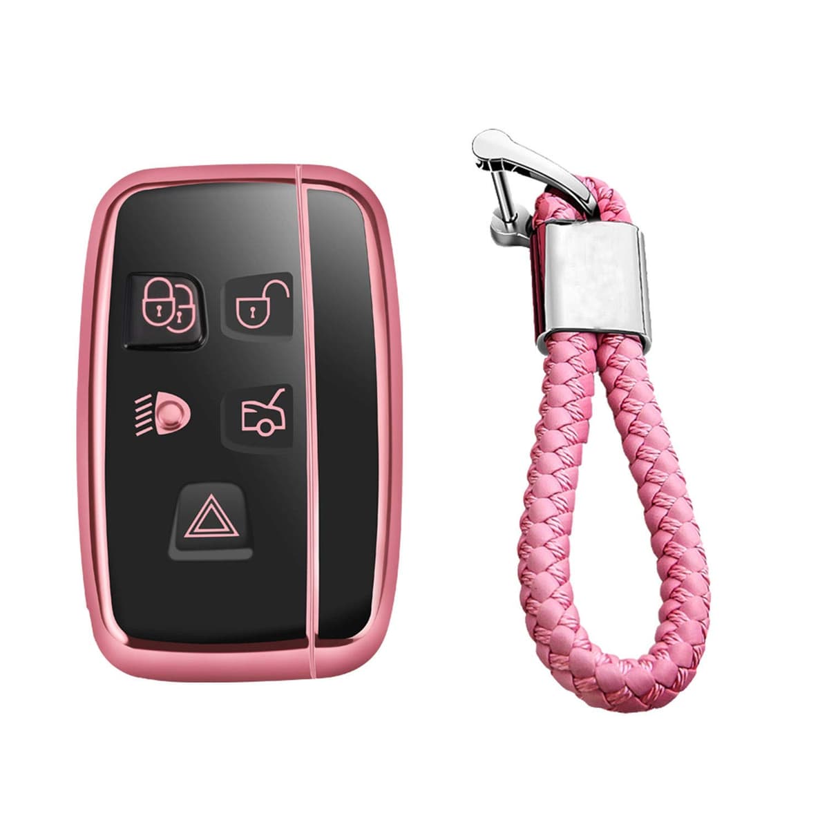 M.JVisun Soft TPU Case Cover Protector Case for Land Rover, Car Remote Key Fob Case for Land Rover Discovery 4/Sport Freelander 2 for Range Rover Evoque/Sport/Velar - Glossy Pink - Braided Keychain