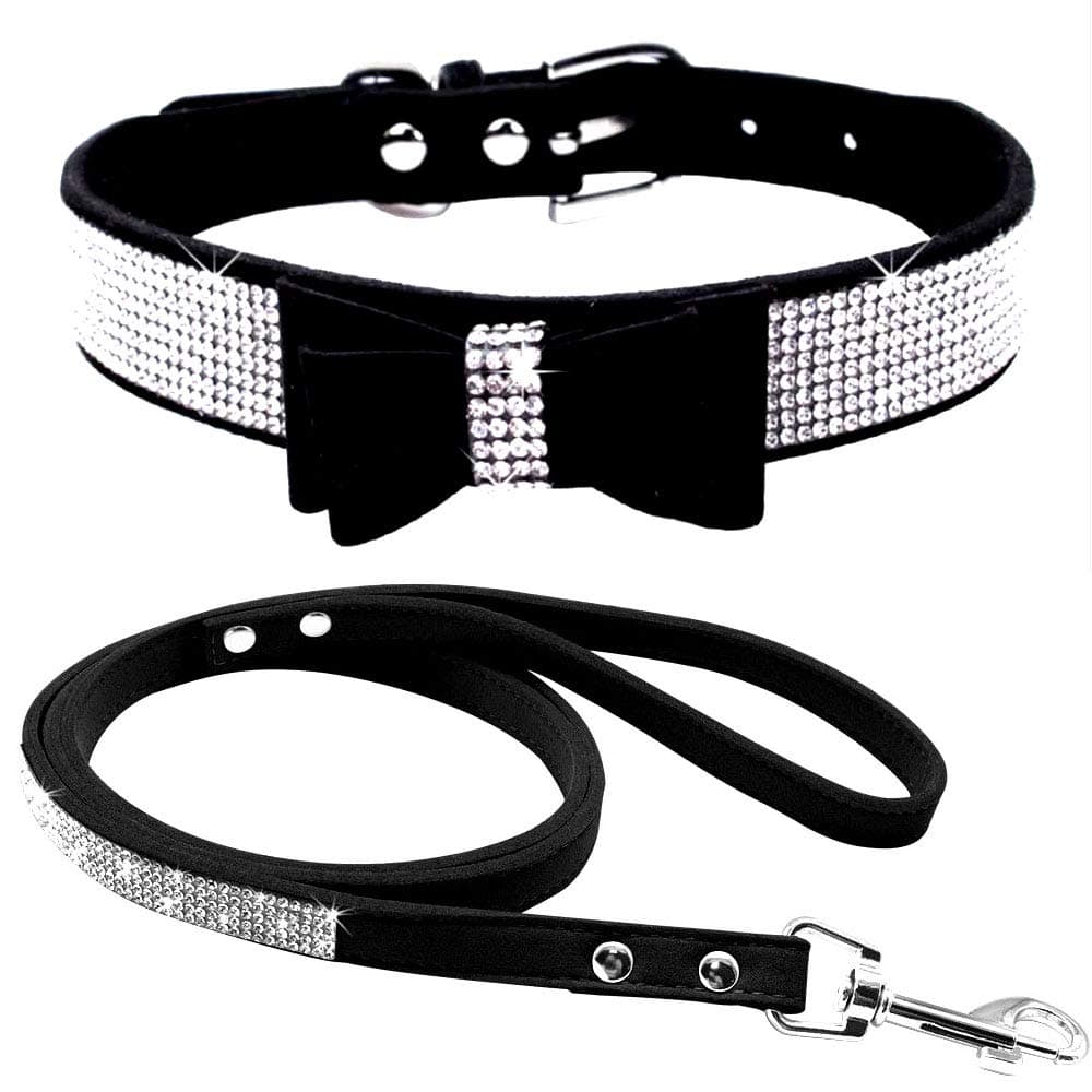 Cute Dazzling Sparkling Elegant Fancy Soft Suede Leather Bling Rhinestone Crystal Jeweled Pet Cat Dog Puppy Collar Dog Leash Combo Set (S, Black-2) — view 21