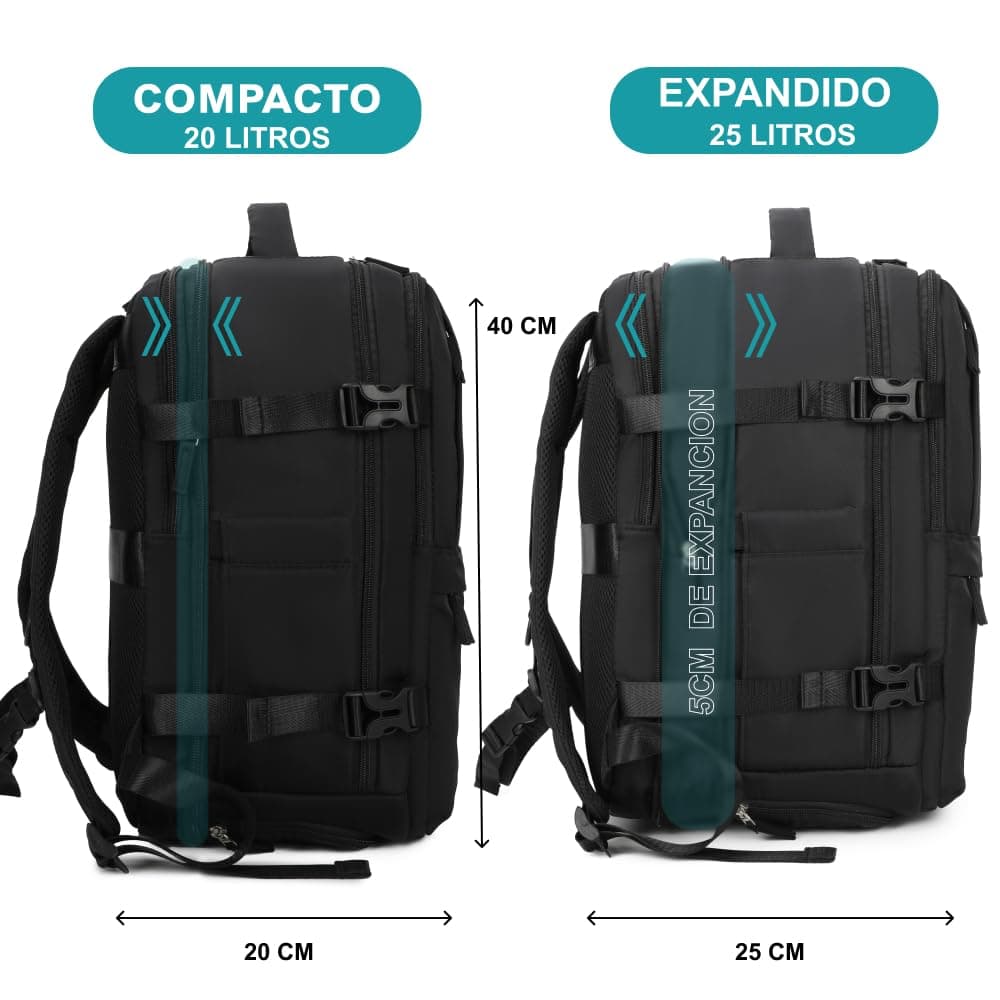 1990s Mochila de viaje cabina expandible para Ryanair 40x25x20-25cm,con bolsa de zapatillas,mochila casual impermeable extensible compatible con portátil 15" — view 2