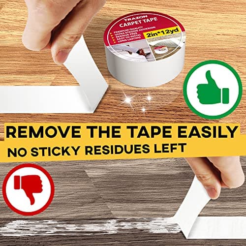 Carpet Tape Double Sided - Rug Tape Grippers for Hardwood Floors and Area Rugs - Carpet Binding Tape Strong Adhesive and Removable, Heavy Duty Stickers Grip Tape, Residue Free (2 Inch / 12 Yards) — view 3