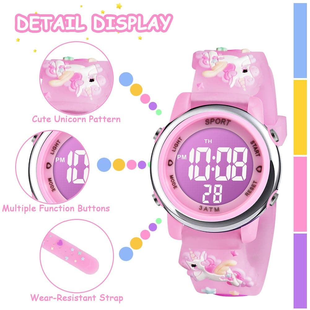 Vicloon Reloj Digital para Niños Niña, Luz Intermitente LED de 7 Colores Reloj de Pulsera Niña Multifunción, Reloj Unicornio Niña, Relojes Niñas Niños Digital para Niños de 3 a 12 años — view 3