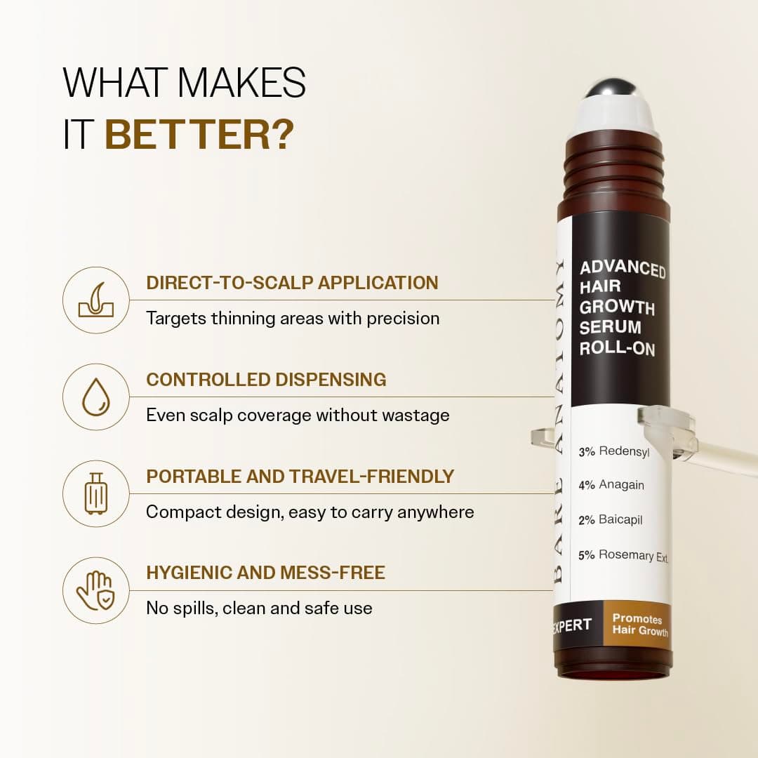 Bare Anatomy Advanced Roll-On - Suero para el crecimiento del cabello, 3% Redensyl + 4% Anagain + 2% Baicapil + 5% Romero, Agua de Arroz, Biotina y Palmera Saw | 25 ml — view 5