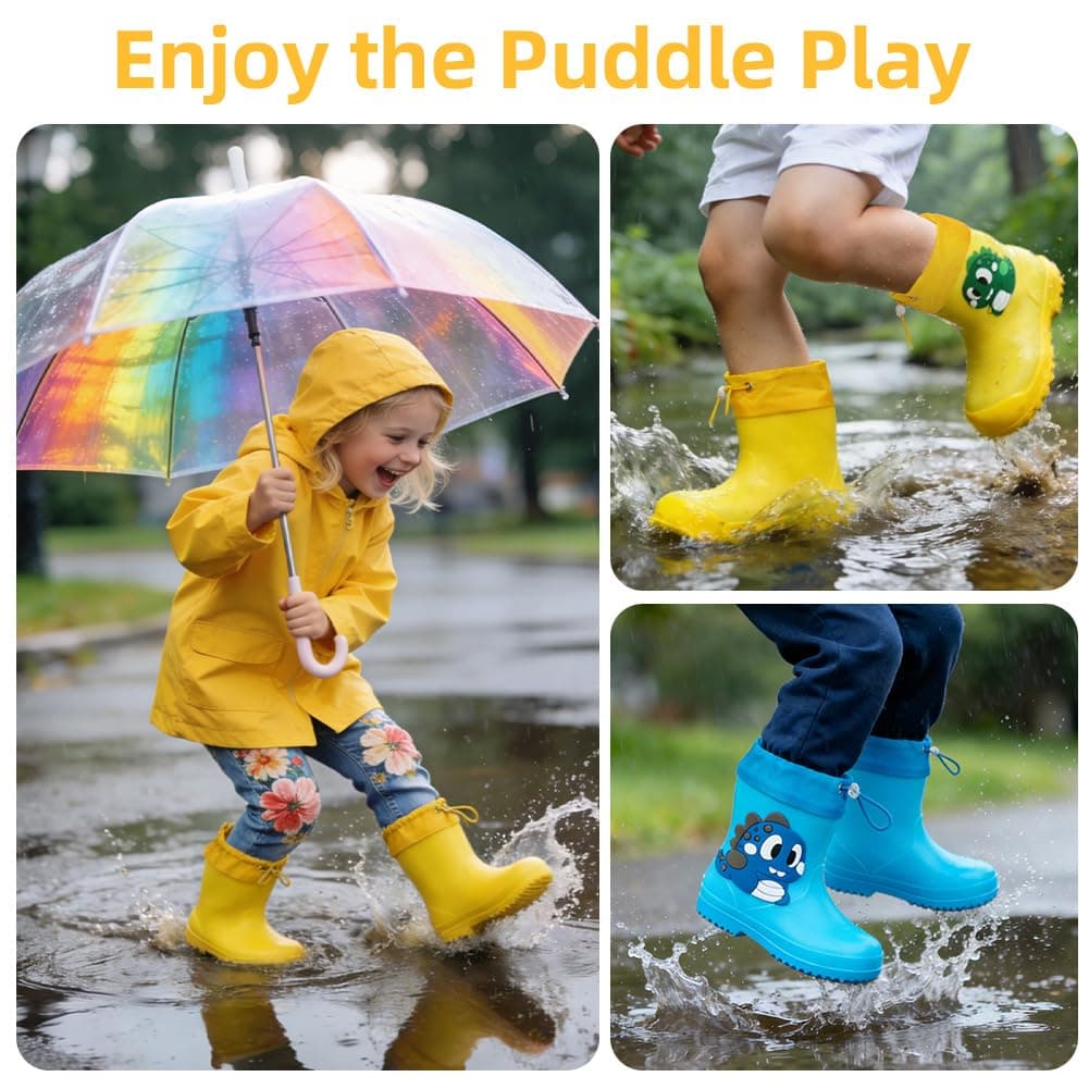 Aomig Botas de Agua Niños, Botas de Lluvia de Dinosaurio, Impermeable y Antideslizante con Cordón Ajustable en el Cuello, Bota de Agua Ligera — view 6