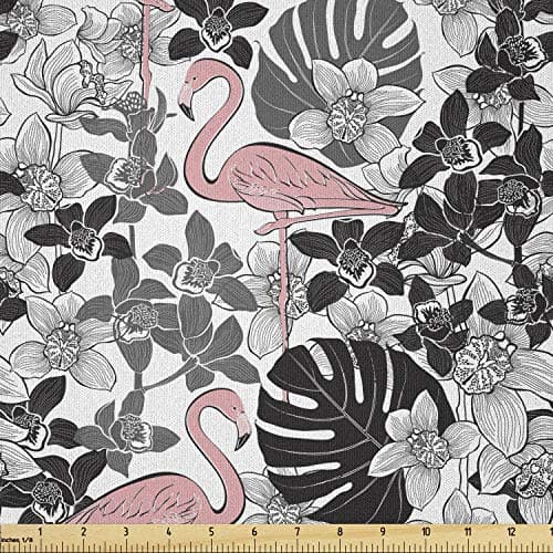 Lunarable Flamingo Fabric by The Yard, Flamingos Pattern Leaves and Flowers Tropical Plants on The Background, Microfiber Fabric for Arts and Crafts Textiles & Decor, 2 Yards, Pink Black