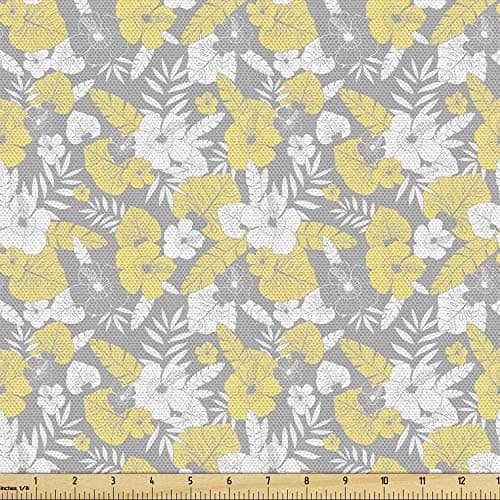 Ambesonne Luau Fabric by The Yard, Hawaiian Vegetation Flowers Abstract Summertime Botanical Composition, Decorative Fabric Water Resistant for Outdoor Furnishing Indoor DIY Projects, 1 Yard, Yellow