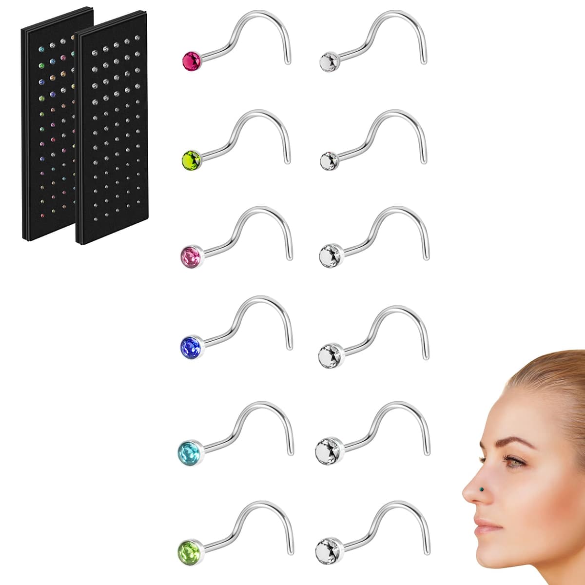 Aucuu Piercing Nariz Acero Quirurgico, Hipoalergénicos Piercing Nariz CZ Piercing Joyería, Tornillo/Recto/Forma de L Nariz Studs (1.5mm 2mm 2.5mm) — view 9