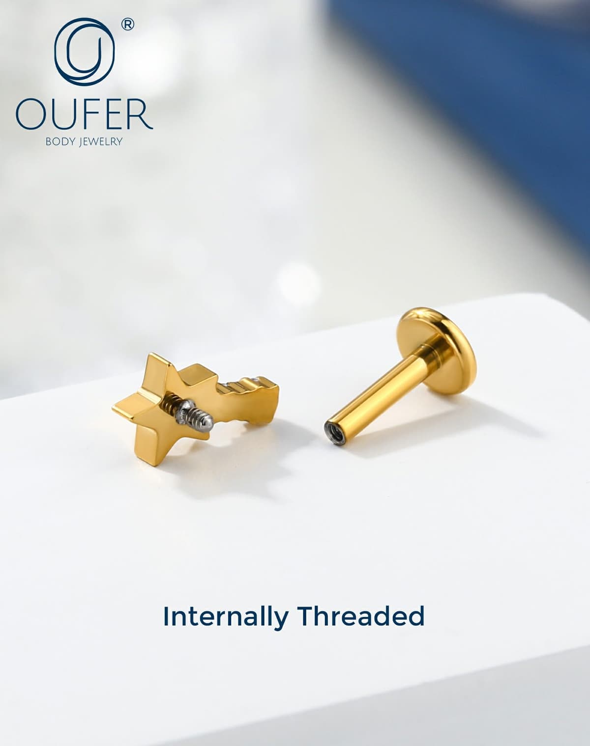 OUFER Body Piercing Helix Earring: 16G Titanium Star CZ Labret Piercing Jewelry Internally Threaded 6mm Bar Gold/Silver Cartilage Tragus Lip Piercings for Women — view 5